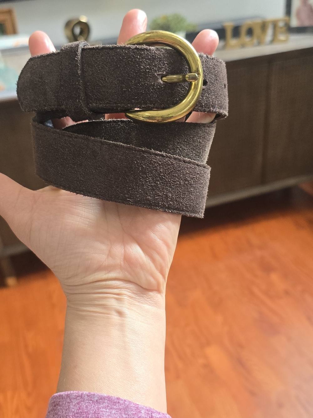 Brown Suede Belt with Gold Round Buckle